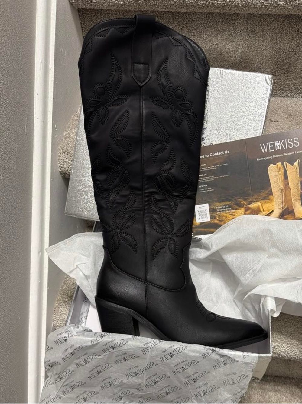 Kiss Black Embroidered Western Knee-High Boot